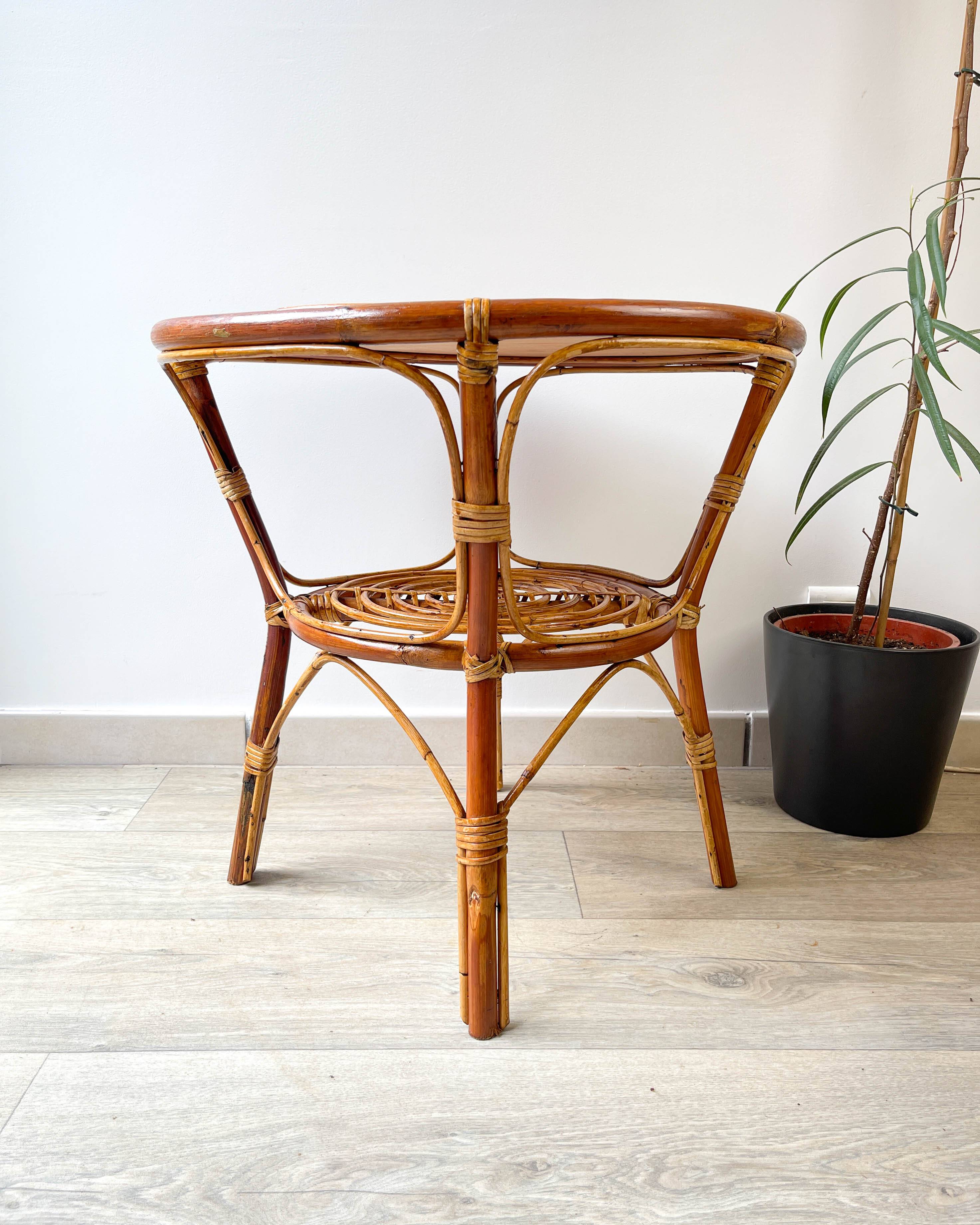 Vintage round rattan coffee table 1970