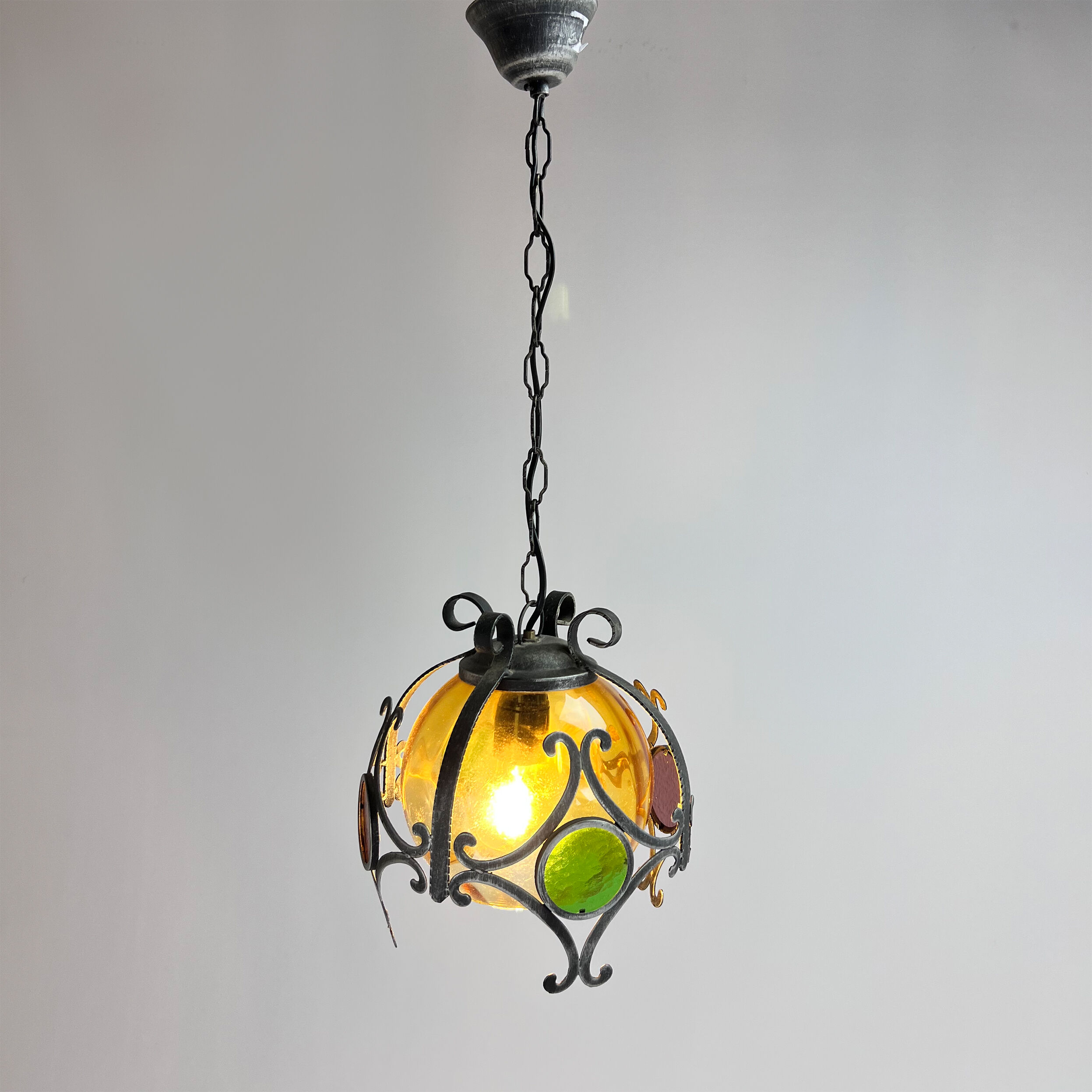 Brutalist cast iron and colored glass pendant, 1970s