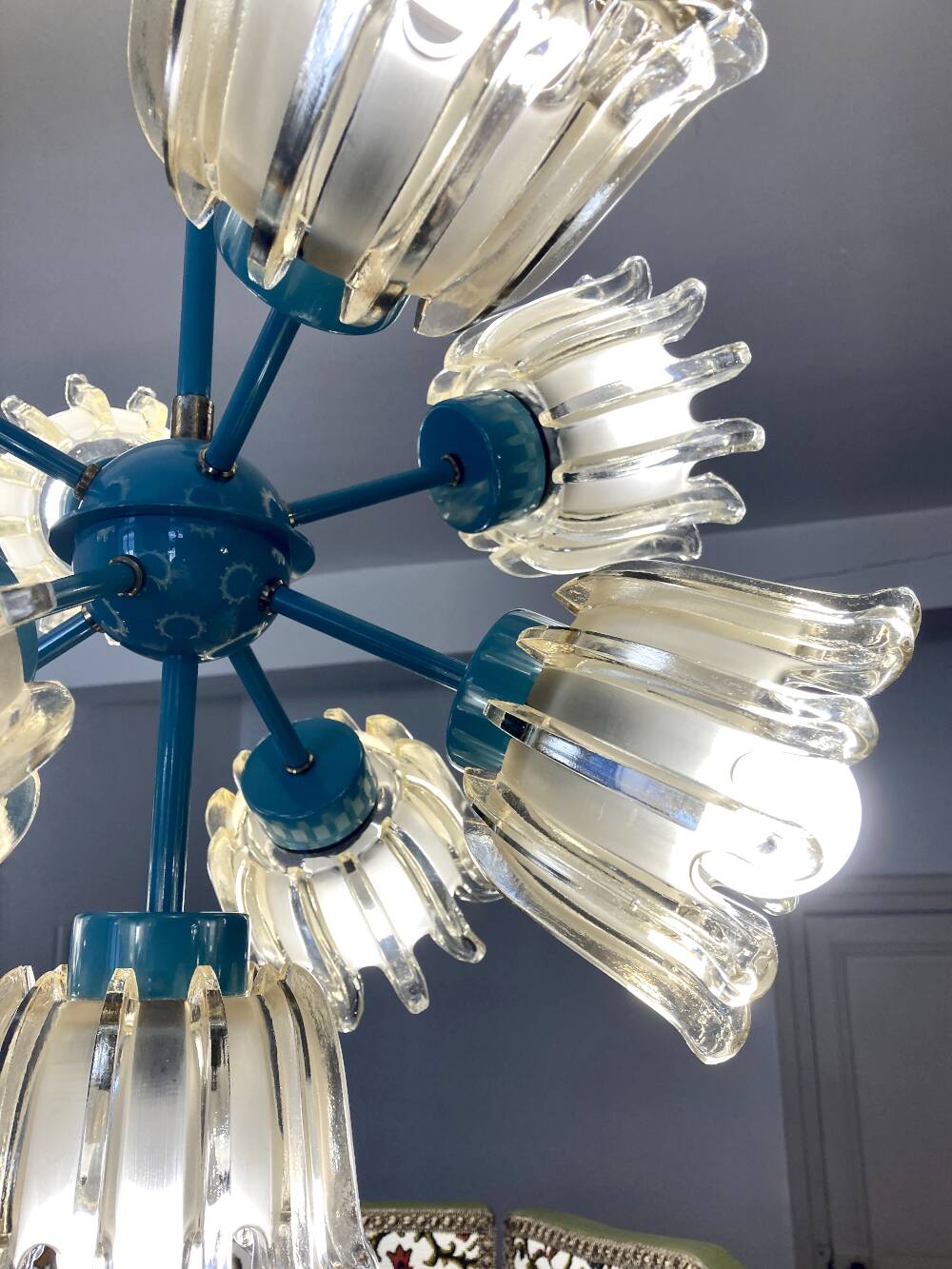 Turquoise glass and metal chandelier with 9 lights, Leclaire & Schäfer, 1960