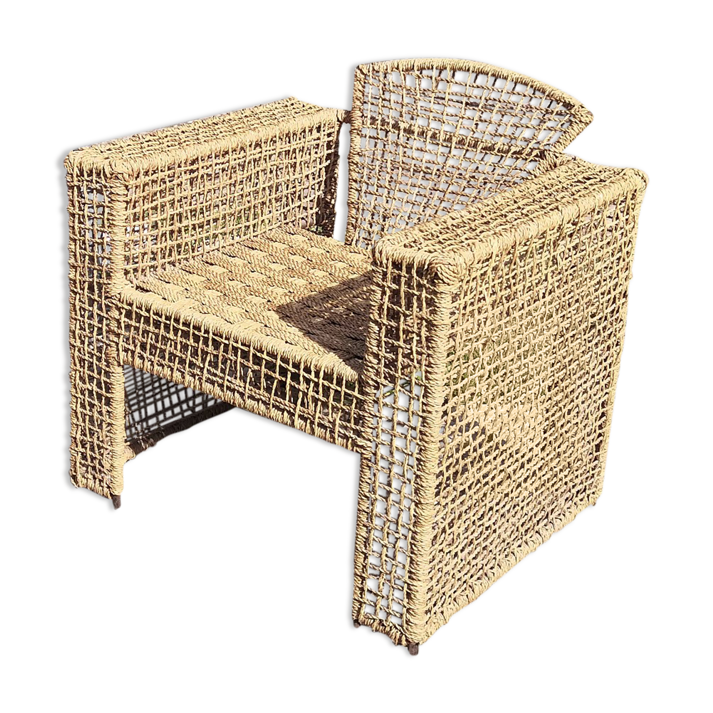 Armchair in metal and braided rope, 1980