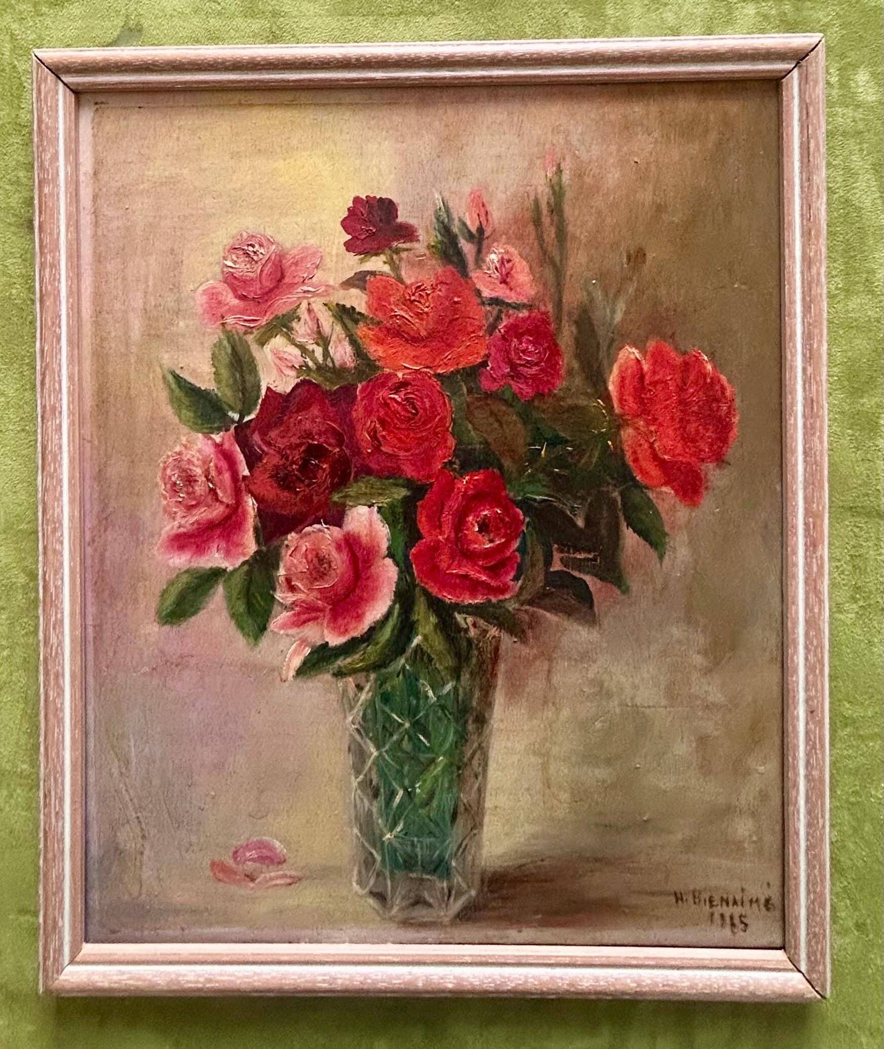 French Vintage Floral Oil Painting  Signed W. Bienaime 1985 Romantic Roses