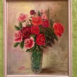 French Vintage Floral Oil Painting  Signed W. Bienaime 1985 Romantic Roses