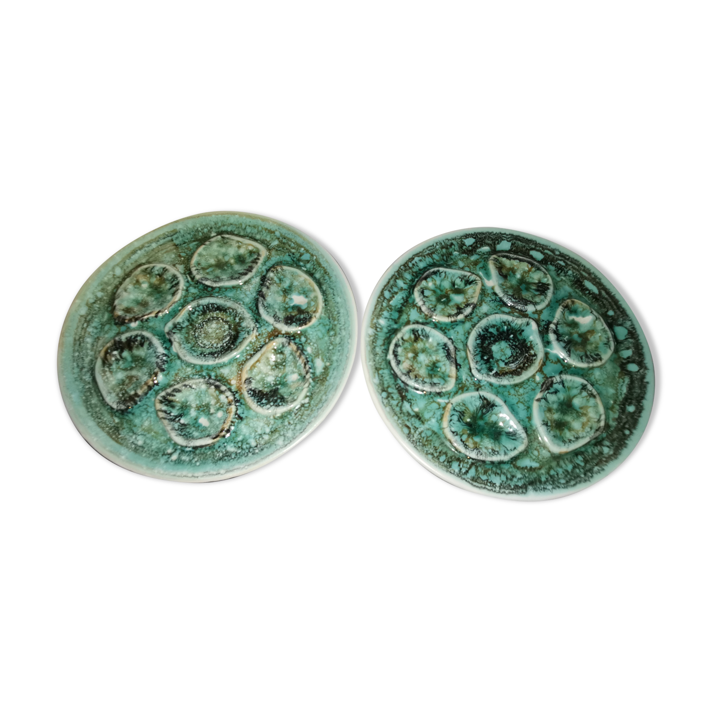 2 Niderviller earthenware oyster plates hand-painted foam decoration