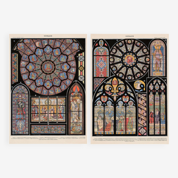 Lot deux Planches lithographies anciennes sur vitraux cathédrales églises en 1900