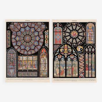 Lot two plates of old lithographs on stained glass windows of cathedrals and churches in 1900