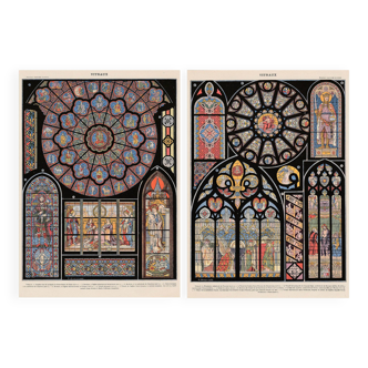 Lot deux Planches lithographies anciennes sur vitraux cathédrales églises en 1900