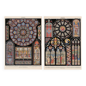Lot two plates of old lithographs on stained glass windows of cathedrals and churches in 1900