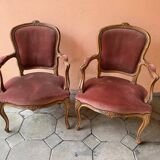 Pair of louis xv style bergeres armchairs with pink velvet armrests