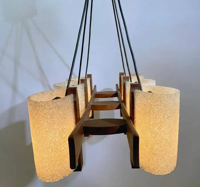 Suspension vintage 6 lumières, teck et perspex, 1960