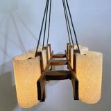 Suspension vintage 6 lumières, teck et perspex, 1960