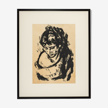Portrait de femme, dessin à l’encre N/B sur papier, 74 x 90 cm