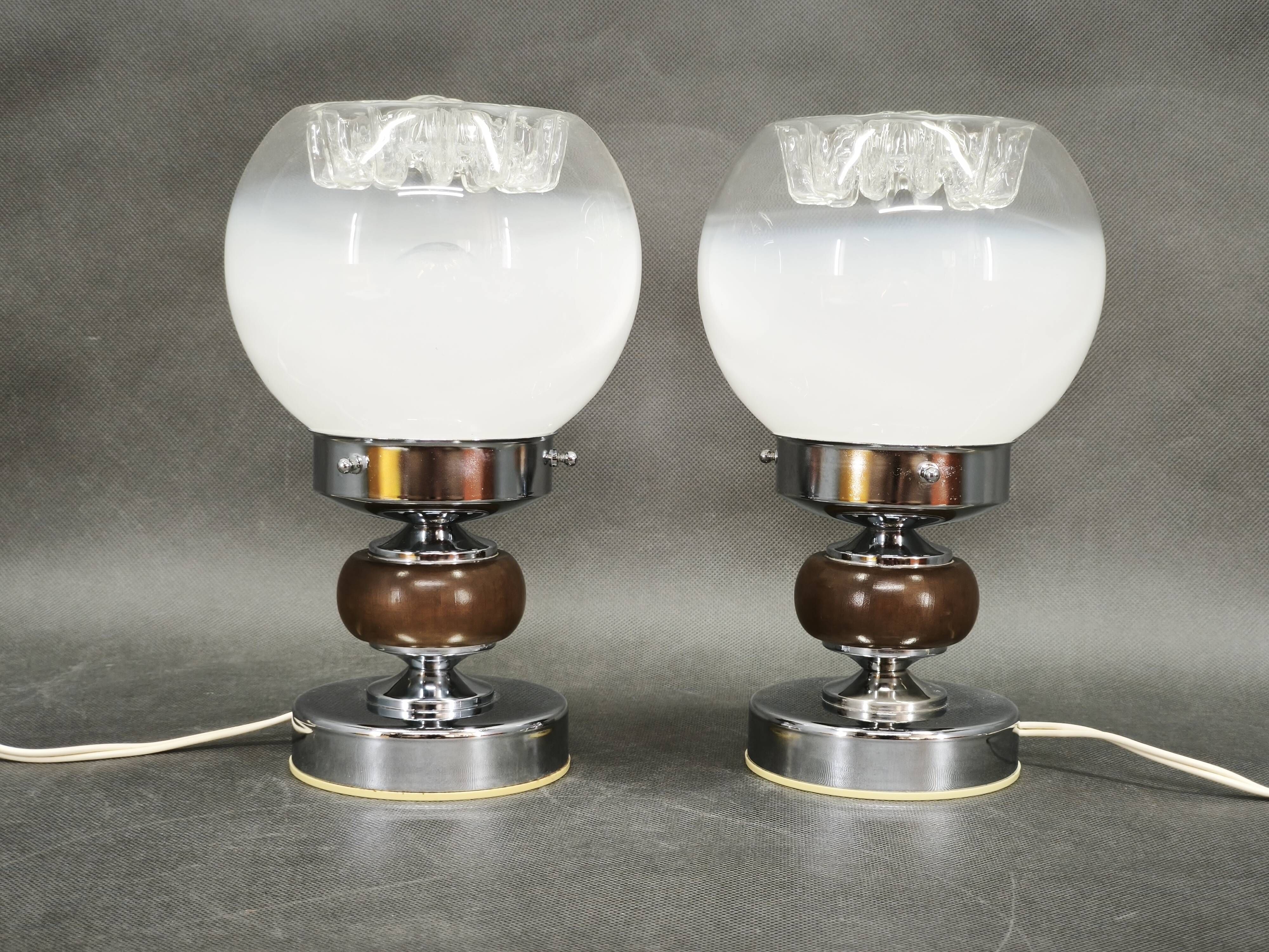 Pair of 1960s Italian Murano Glass, Chrome and Wood Table Lamps