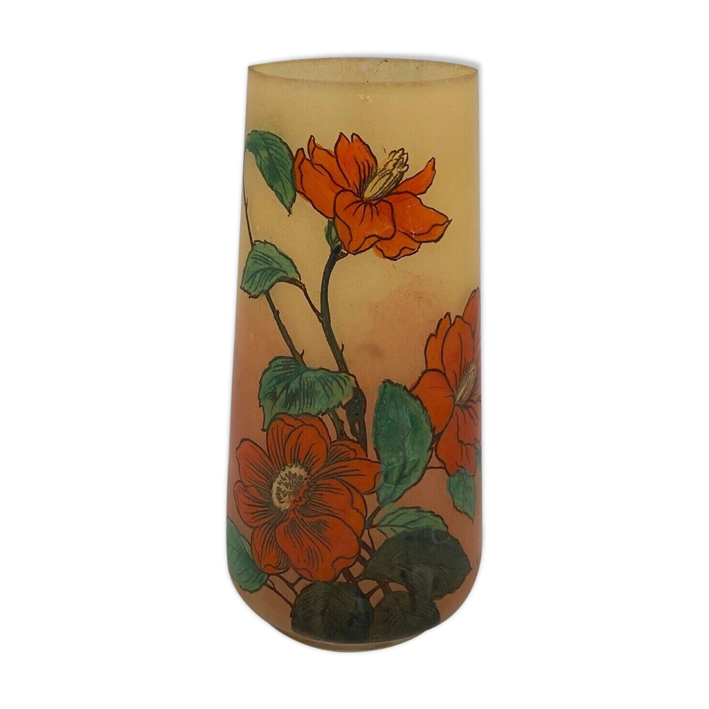 Vase verre emaille signe jem joseph mure de legras decor peint floral 1900 Selency