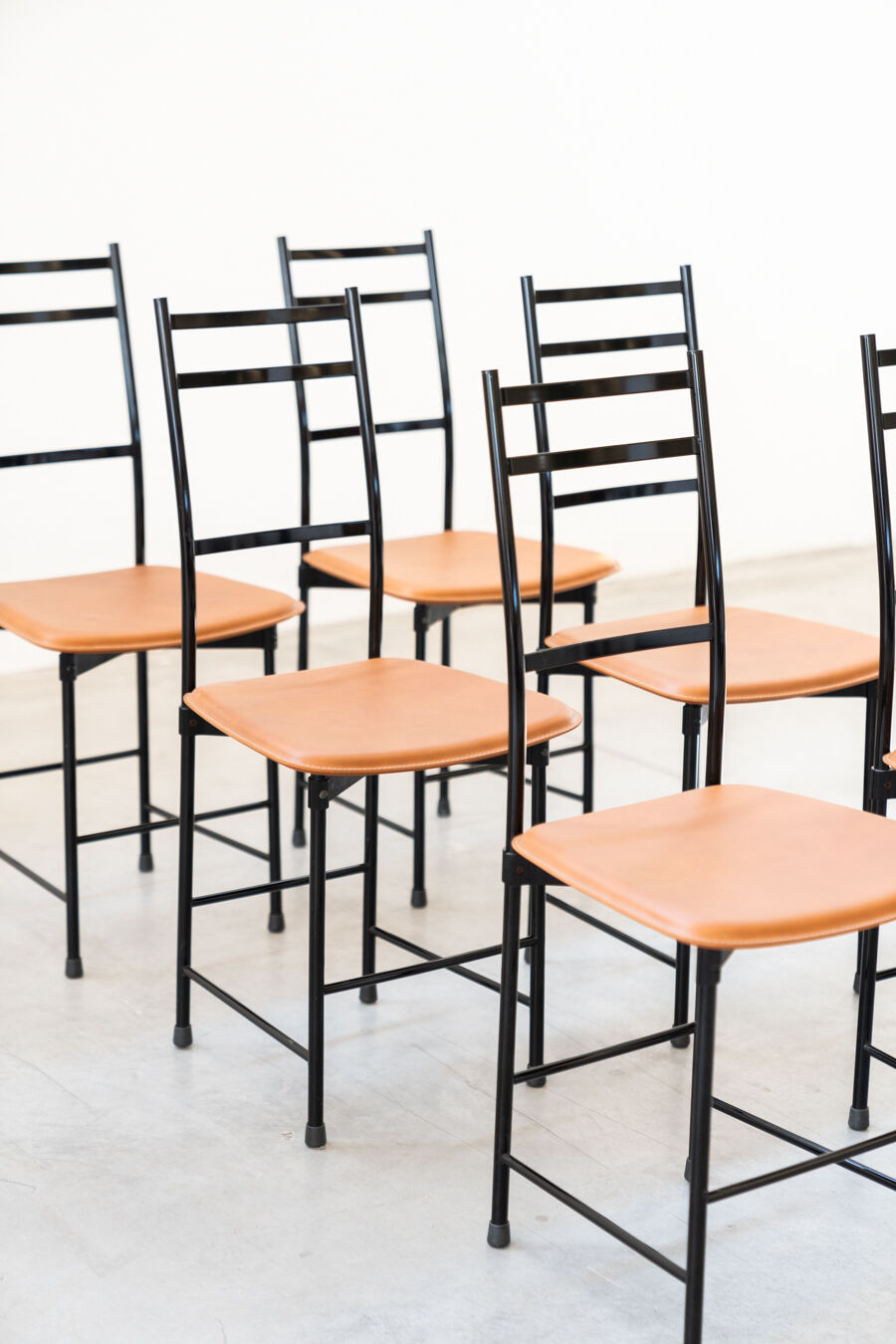 Dining chairs in brown leather and aluminum by ycami, 1980