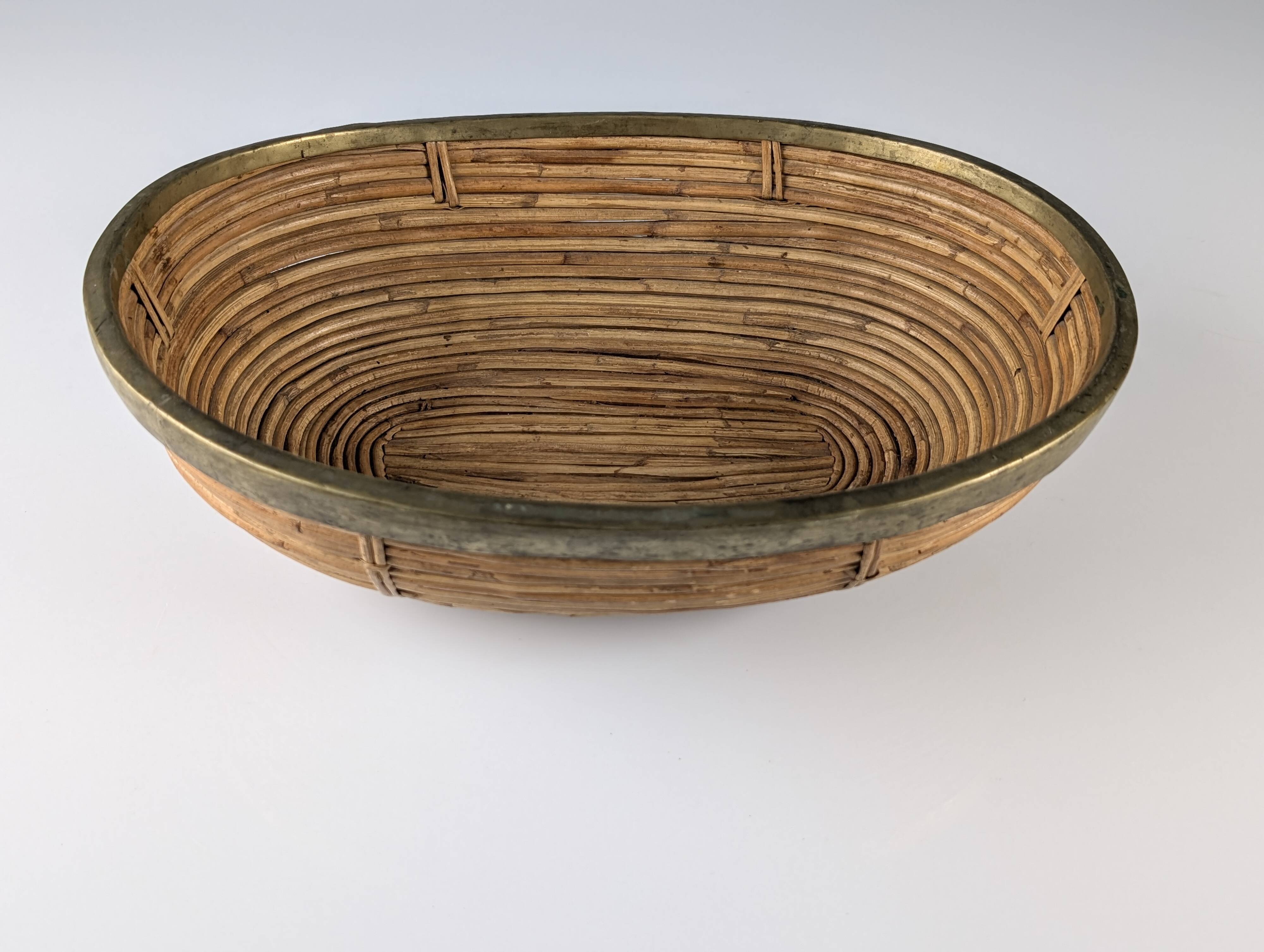 Italian oval rattan and brass centerpiece, mid-century style, 1970s