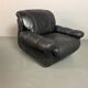 Large Set of Italian Space Age Black Leather Lounge Chairs with Brass