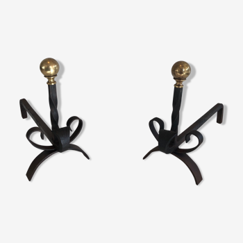 Pair of wrought iron and brass chenets. french work. around 1950