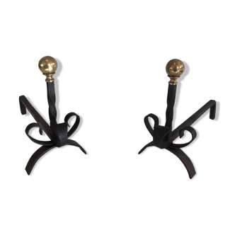 Pair of wrought iron and brass chenets. french work. around 1950