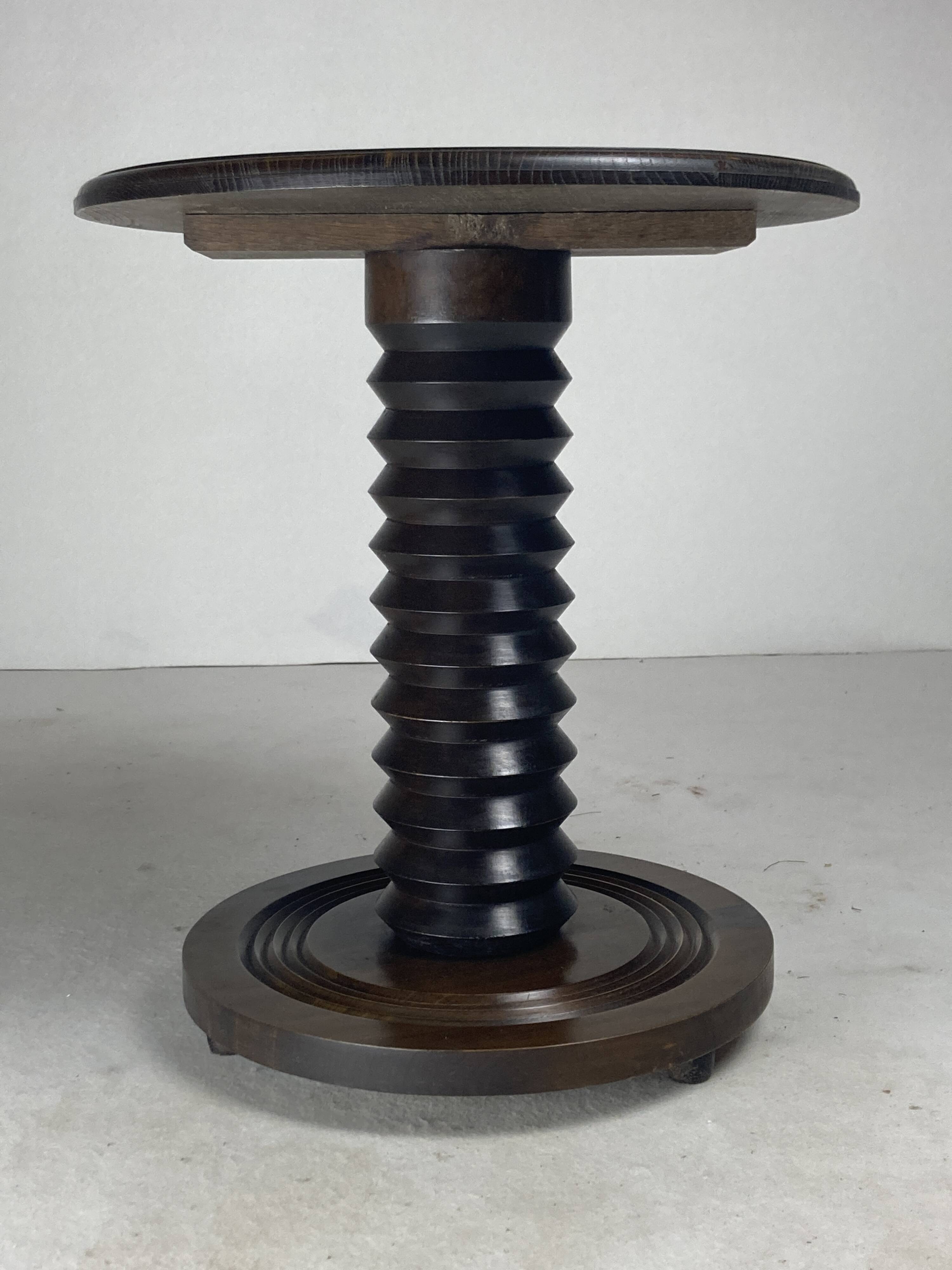 French brutalist wood turned side table in the style of Charles Dudouyt
