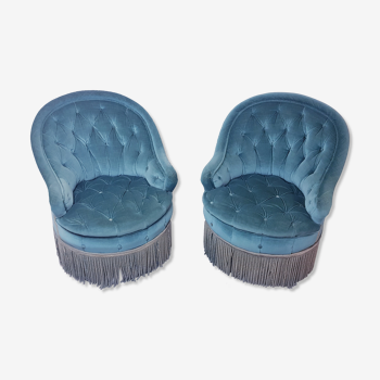 Pair of Napoleon III toad armchairs padded duck blue