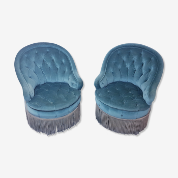 Paire de fauteuils crapaud Napoléon III capitonnés bleu canard