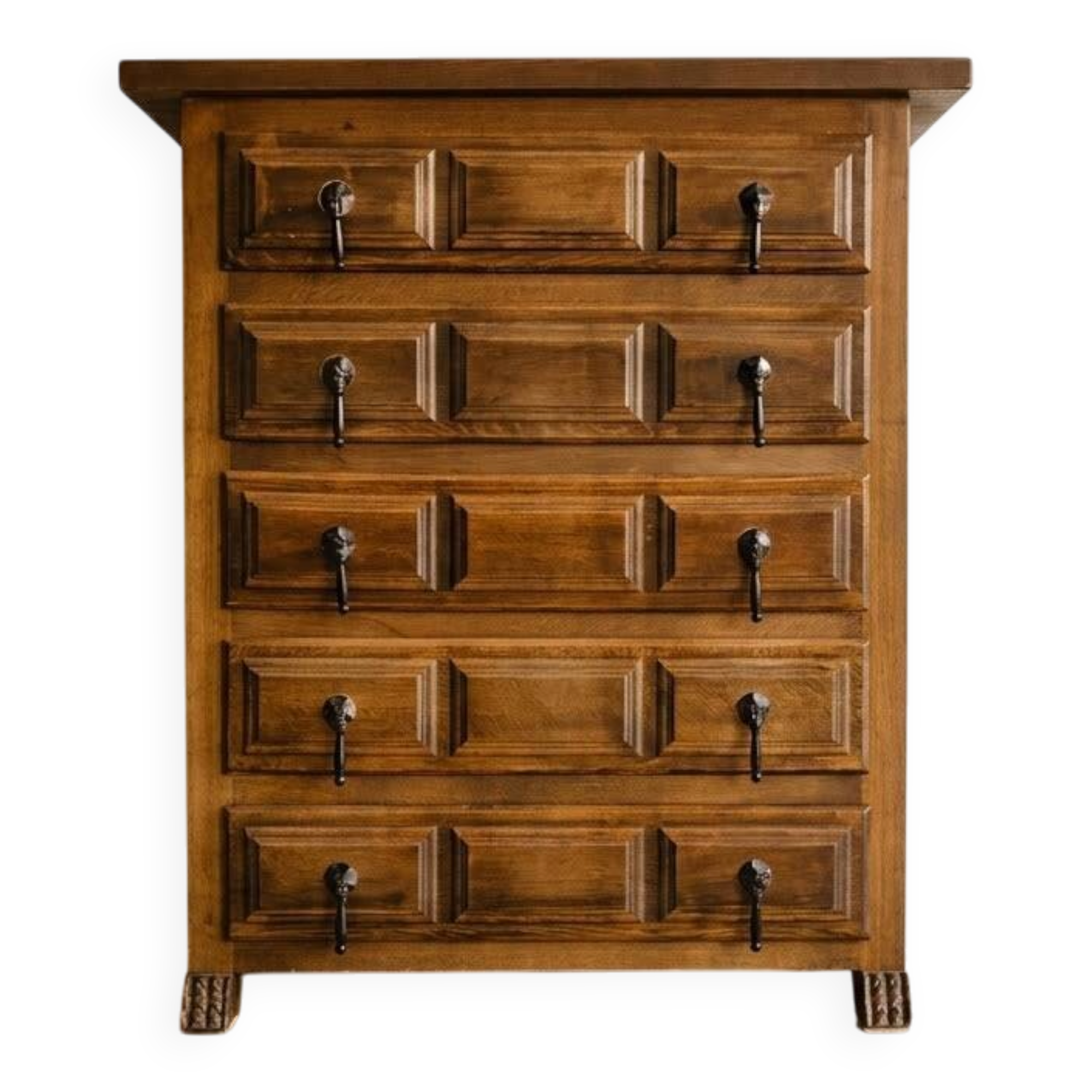 Antique solid wood chest of drawers with five drawers.