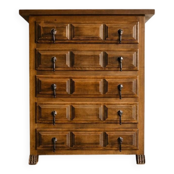 Antique solid wood chest of drawers with five drawers.