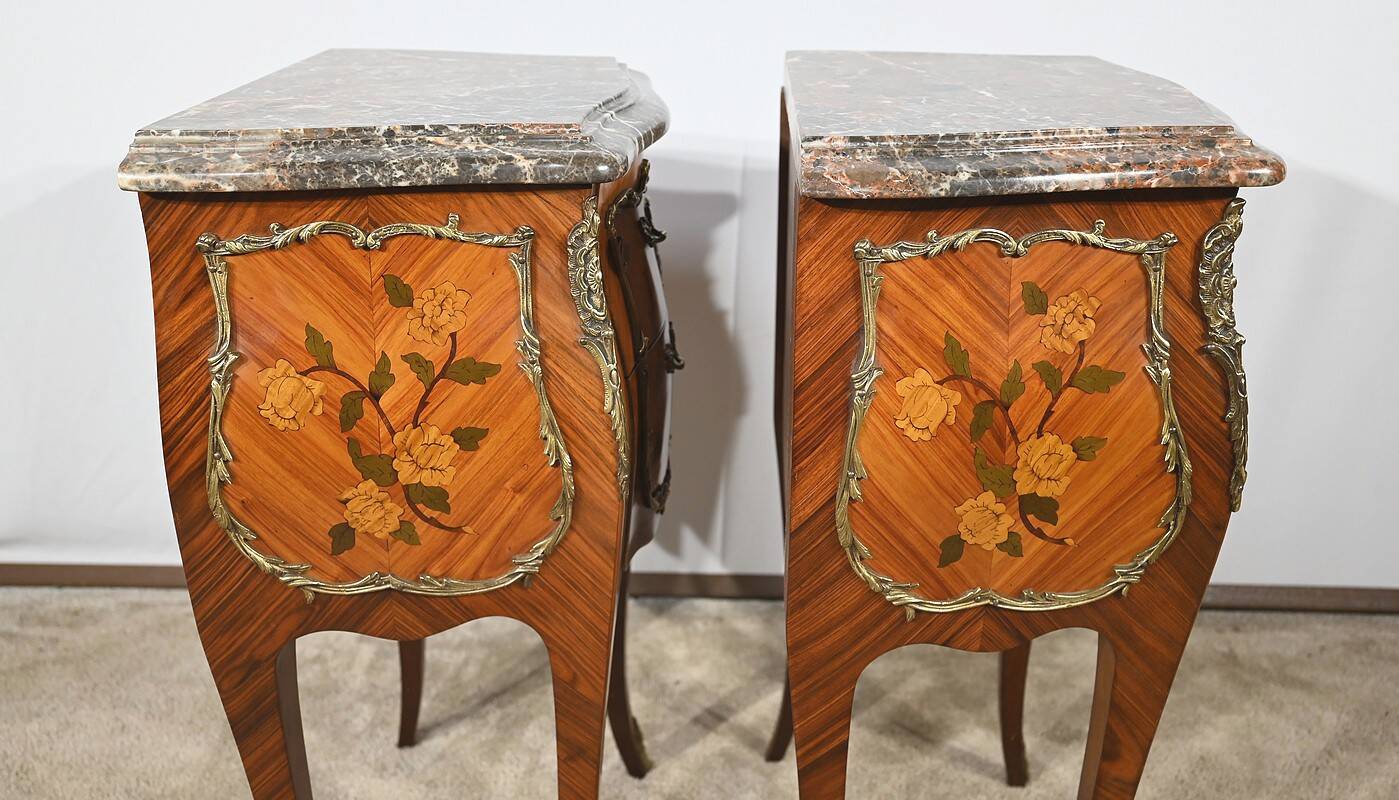 Pair of Bedside Tables in Rosewood and Marquetry, Louis XV style – Mid 20th century