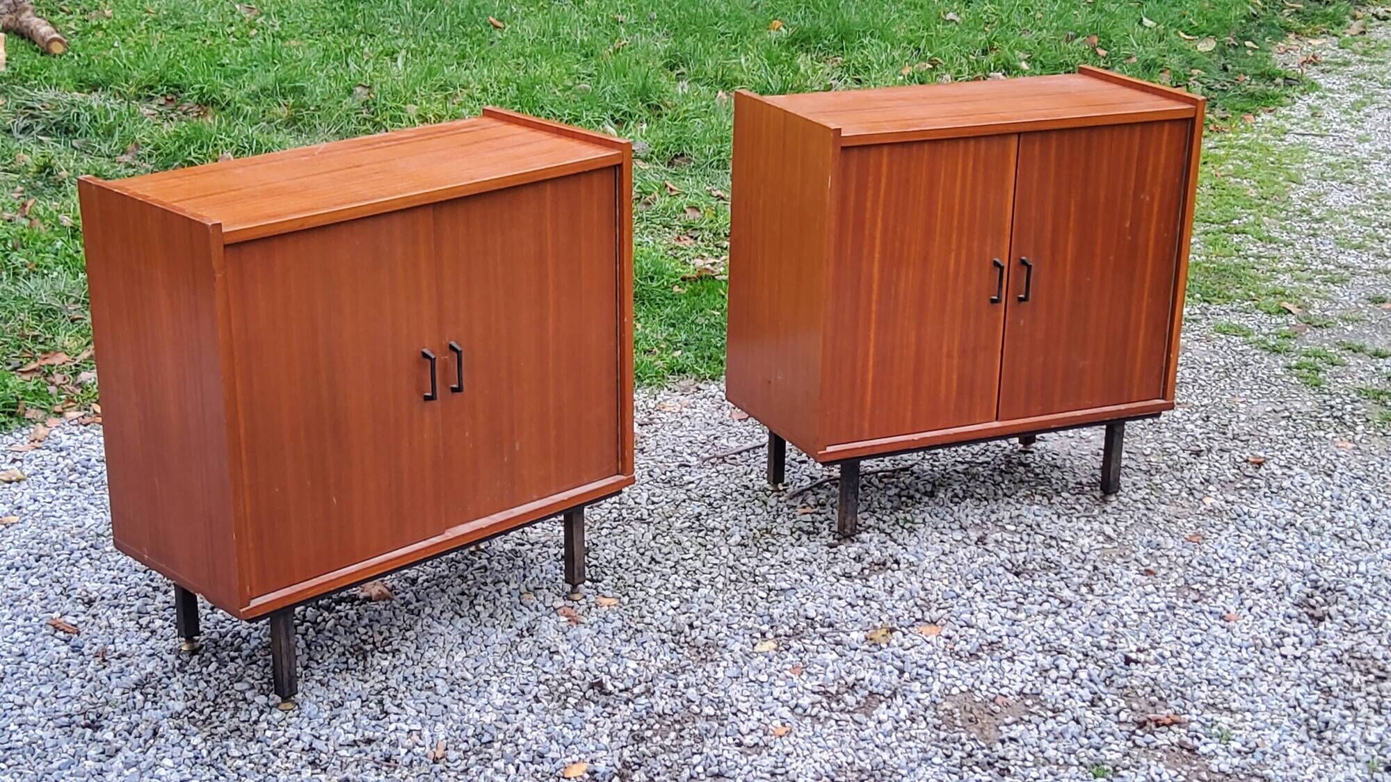 Pair of vintage mahogany sideboards with square metal legs from the 60s