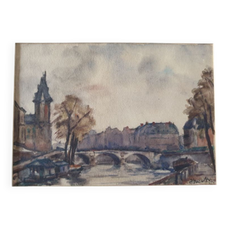 André Duculty (1912-1990) - Watercolor on paper - The Clock Tower of the Palais de la cité