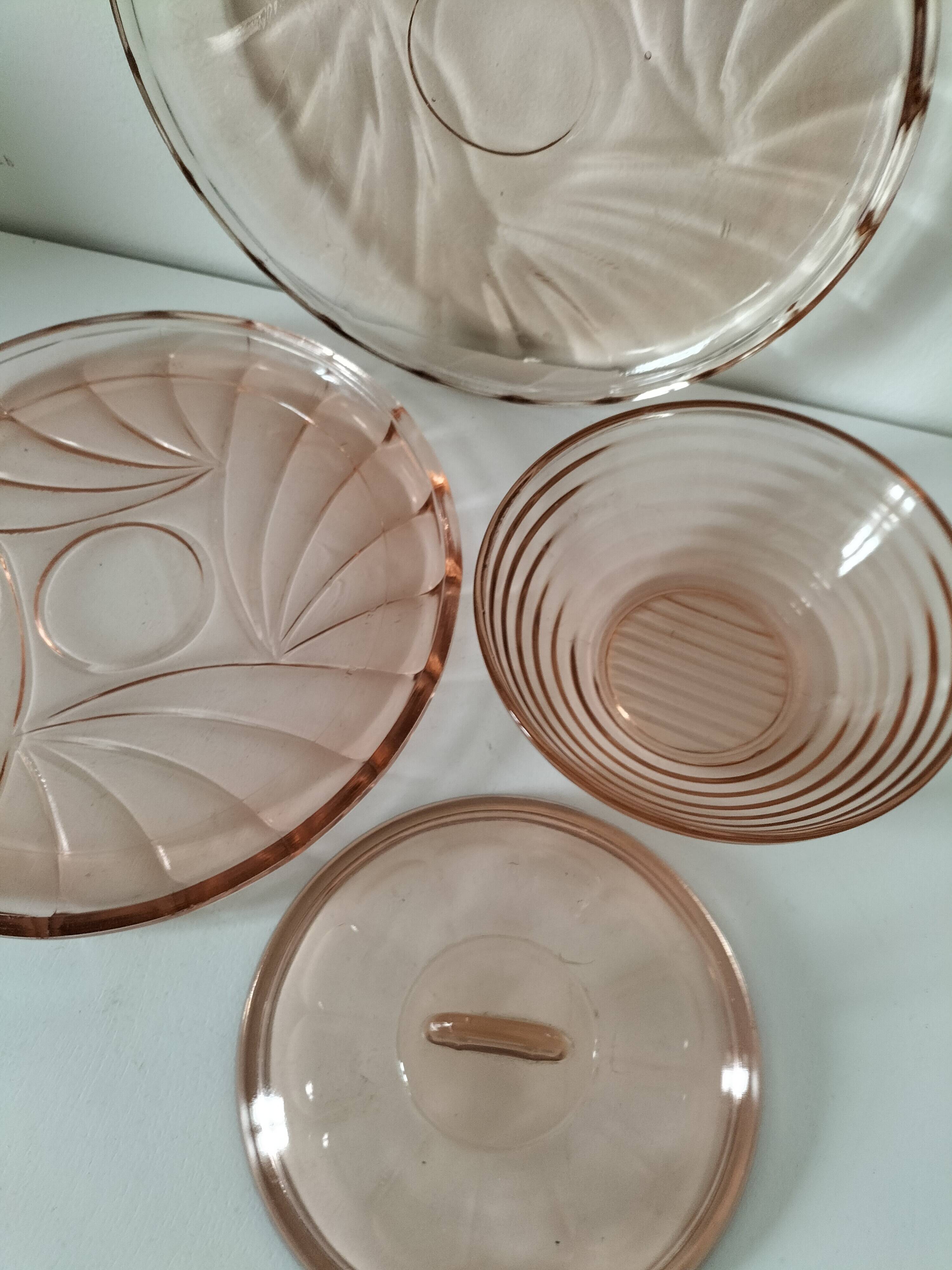 Orange-pink pressed glass trio