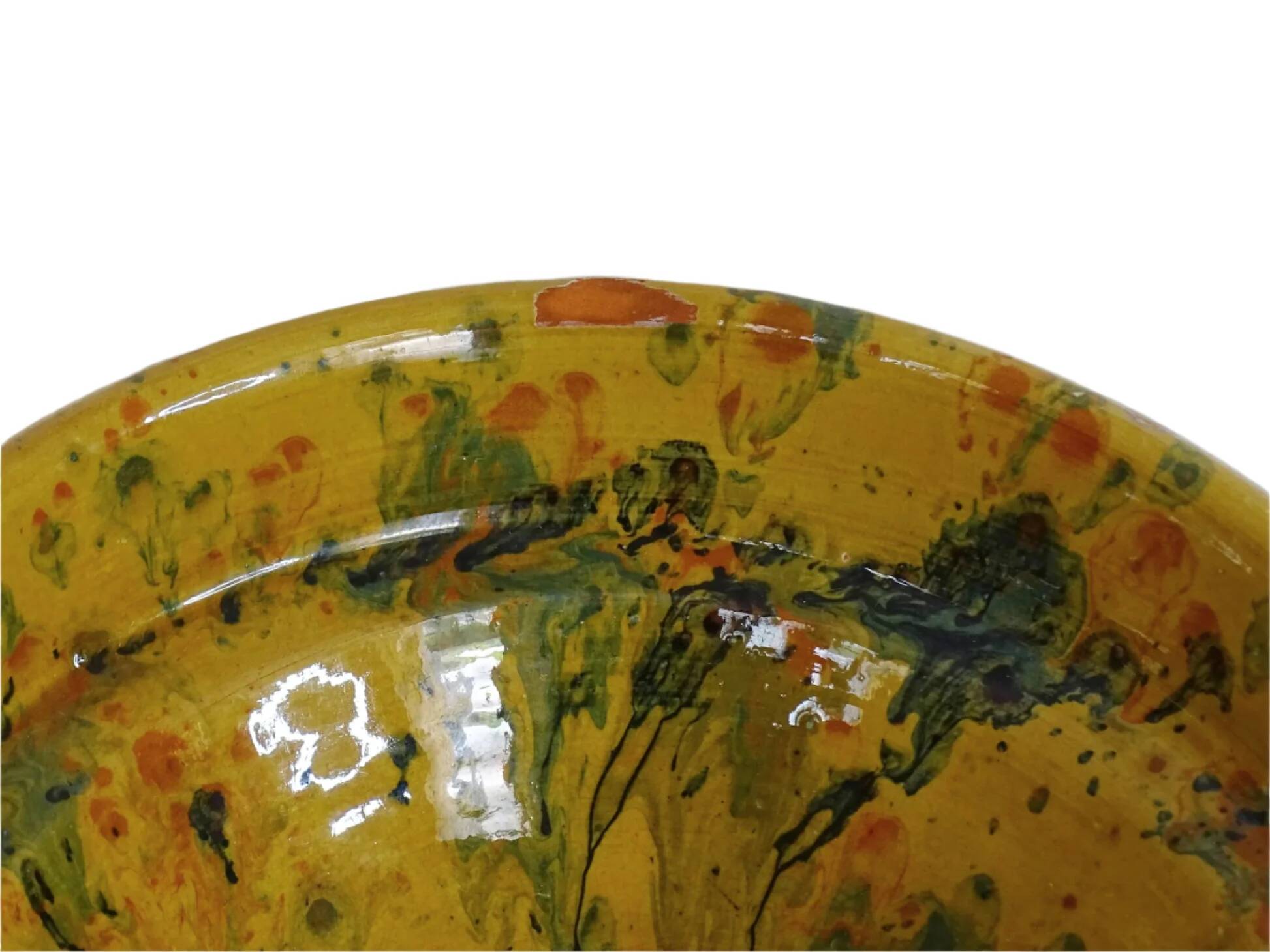 Bol ancien français en faïence de jaspe, couleur ocre jaune