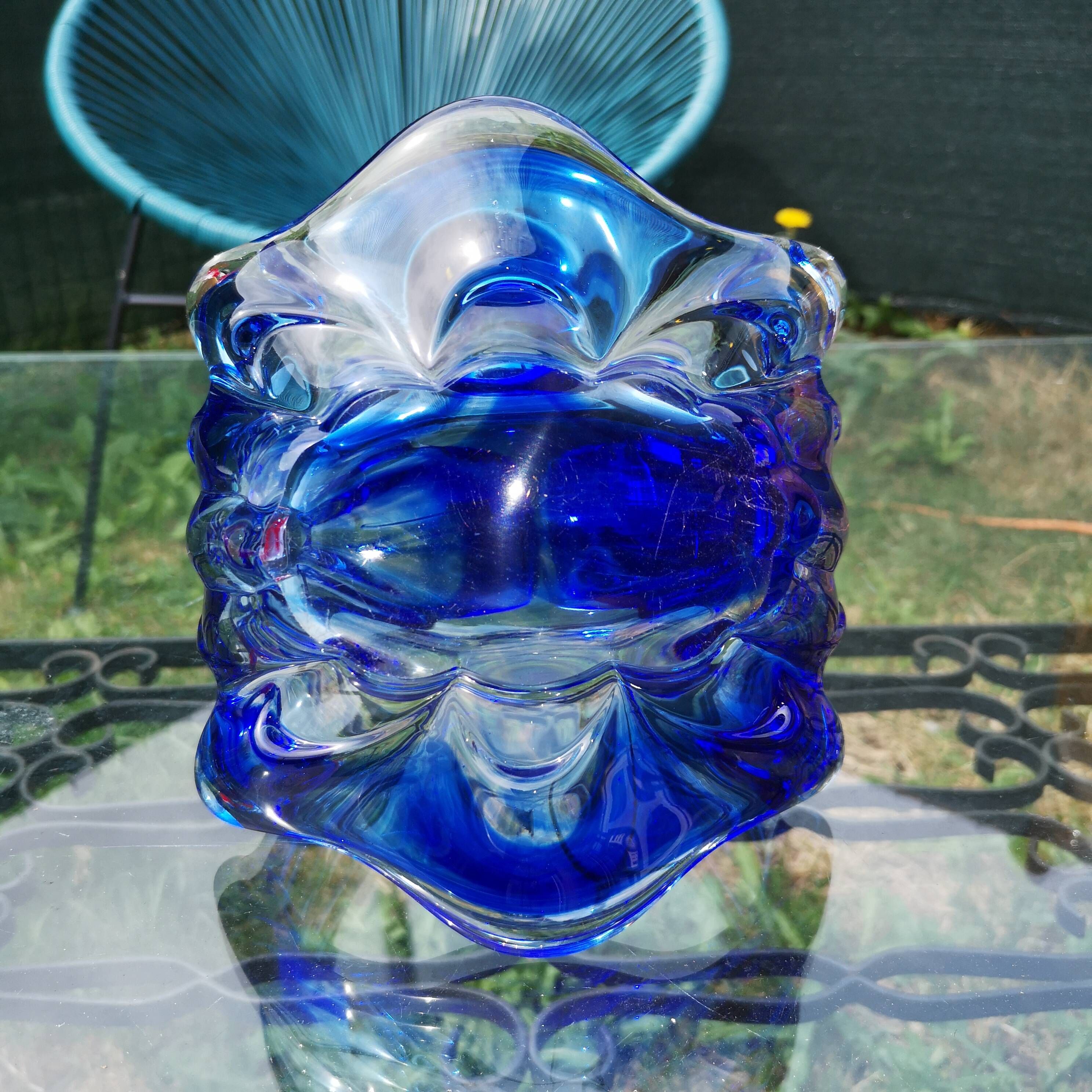 Murano Blown Glass Pocket or Basket - Cobalt Blue and White