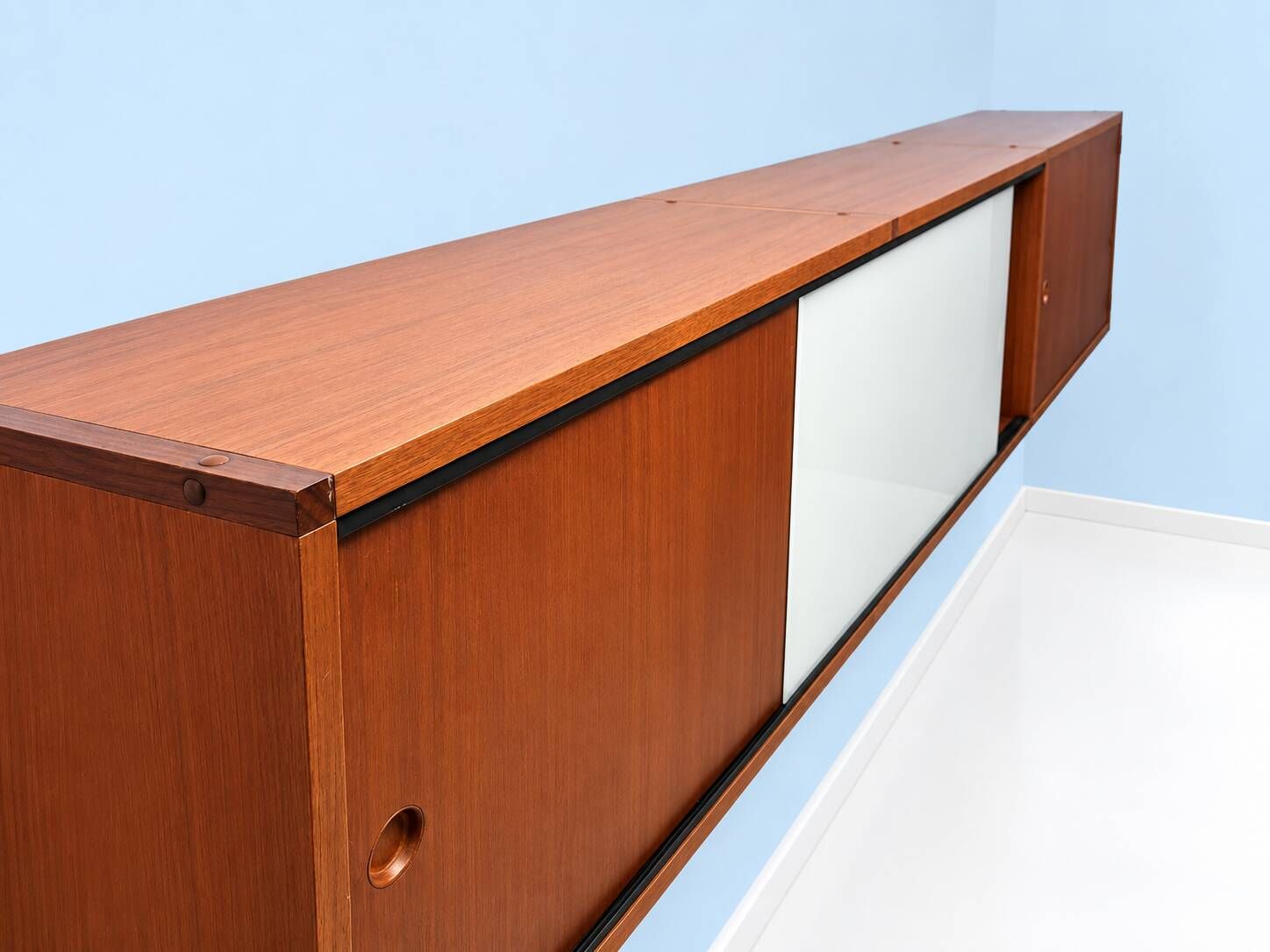 A.R.P. – Wall-mounted furniture in teak and opaline glass, 1950s