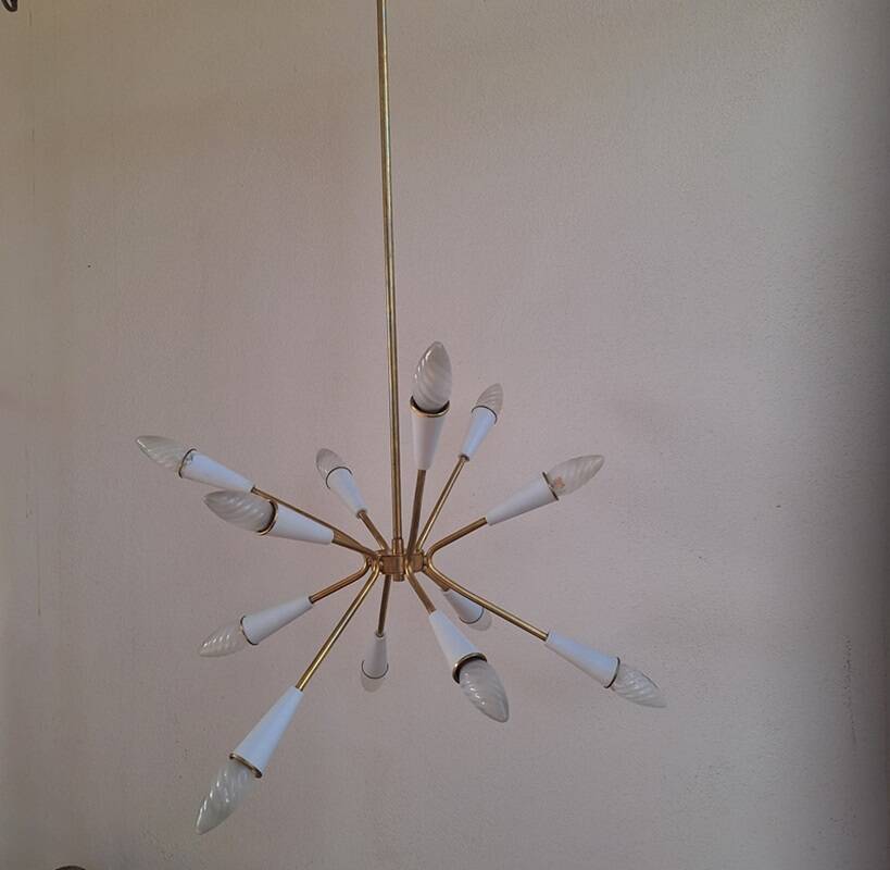 Stilnovo style 12 light Brass and White sputnik Chandelier
