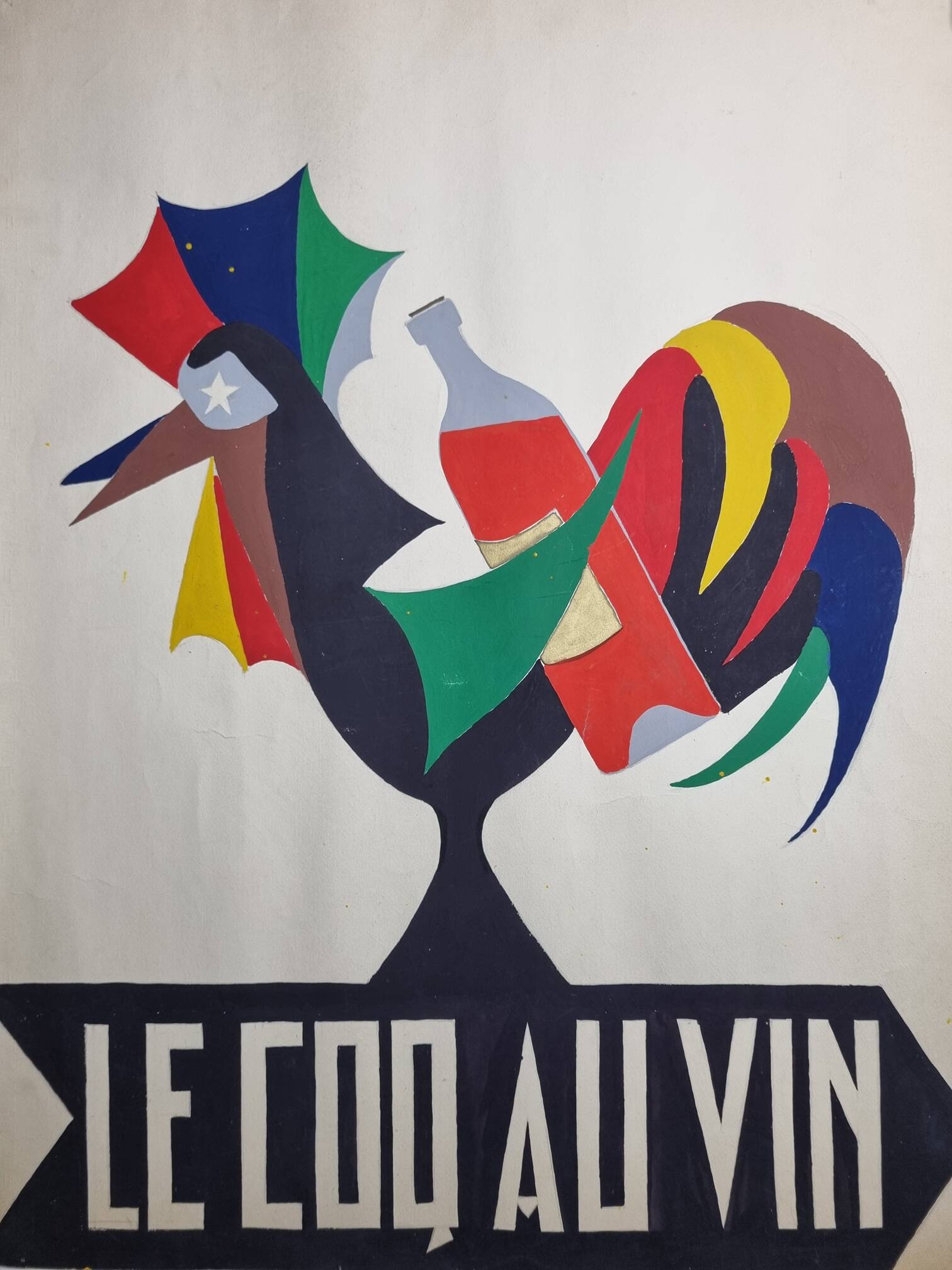 Affiche originale vintage peinte à la Main "Coq au Vin", années 50-60