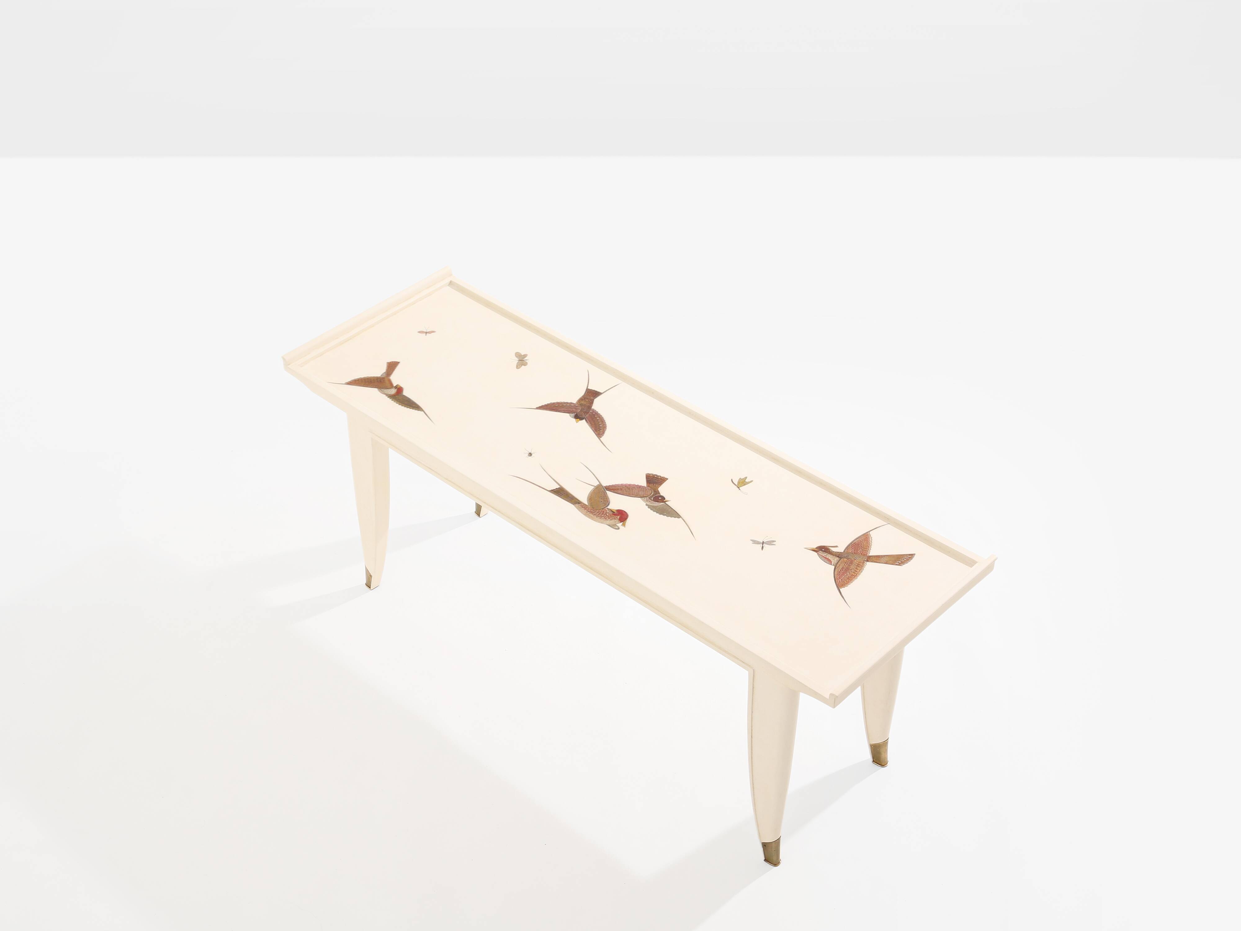 Maurice Jallot coffee table, painted oak with bird decorations, 1930.