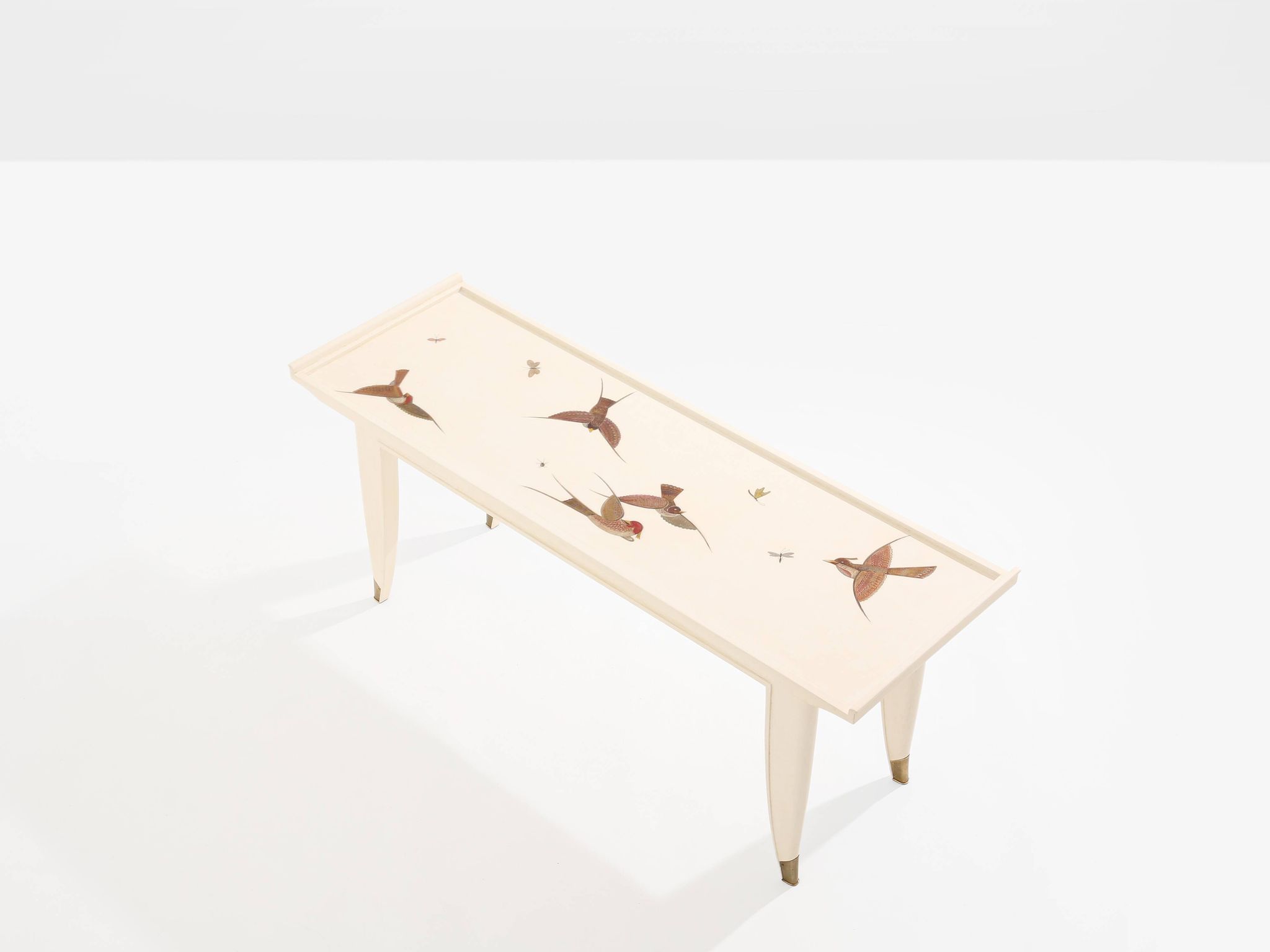 Maurice Jallot table basse chêne peint à décors d’oiseaux 1930