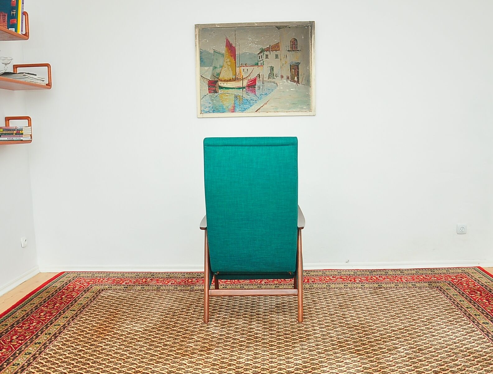 Turquoise armchair with folding footrest, 1960s