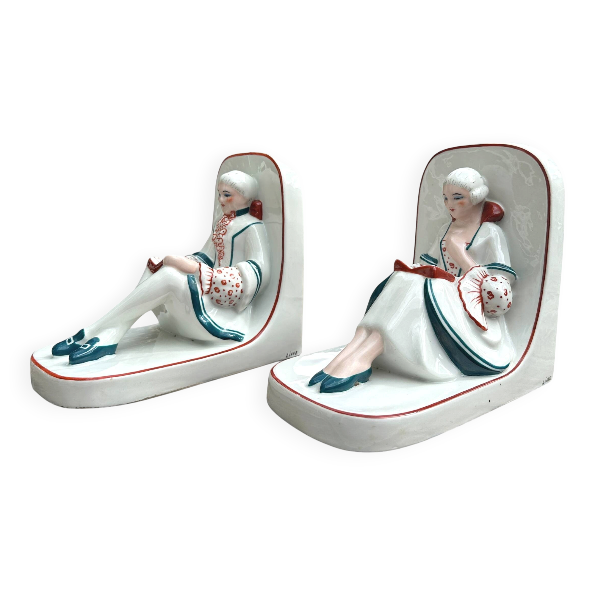 Pair of Art Deco ceramic bookends from 1930 signed by Henri Delcourt Desvres.