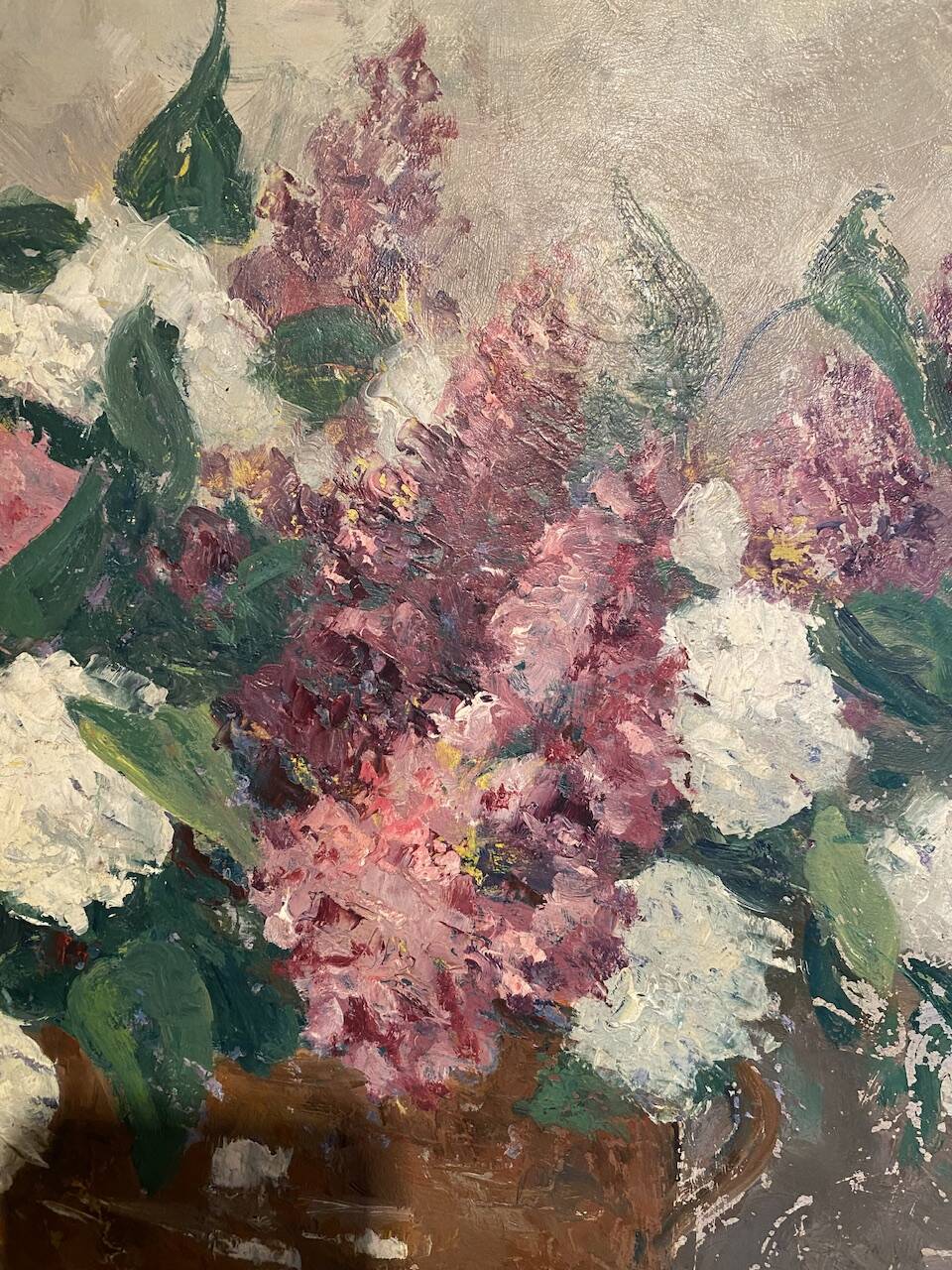 Antique painting, still life with lilacs and peonies signed Van der Berg circa 1950