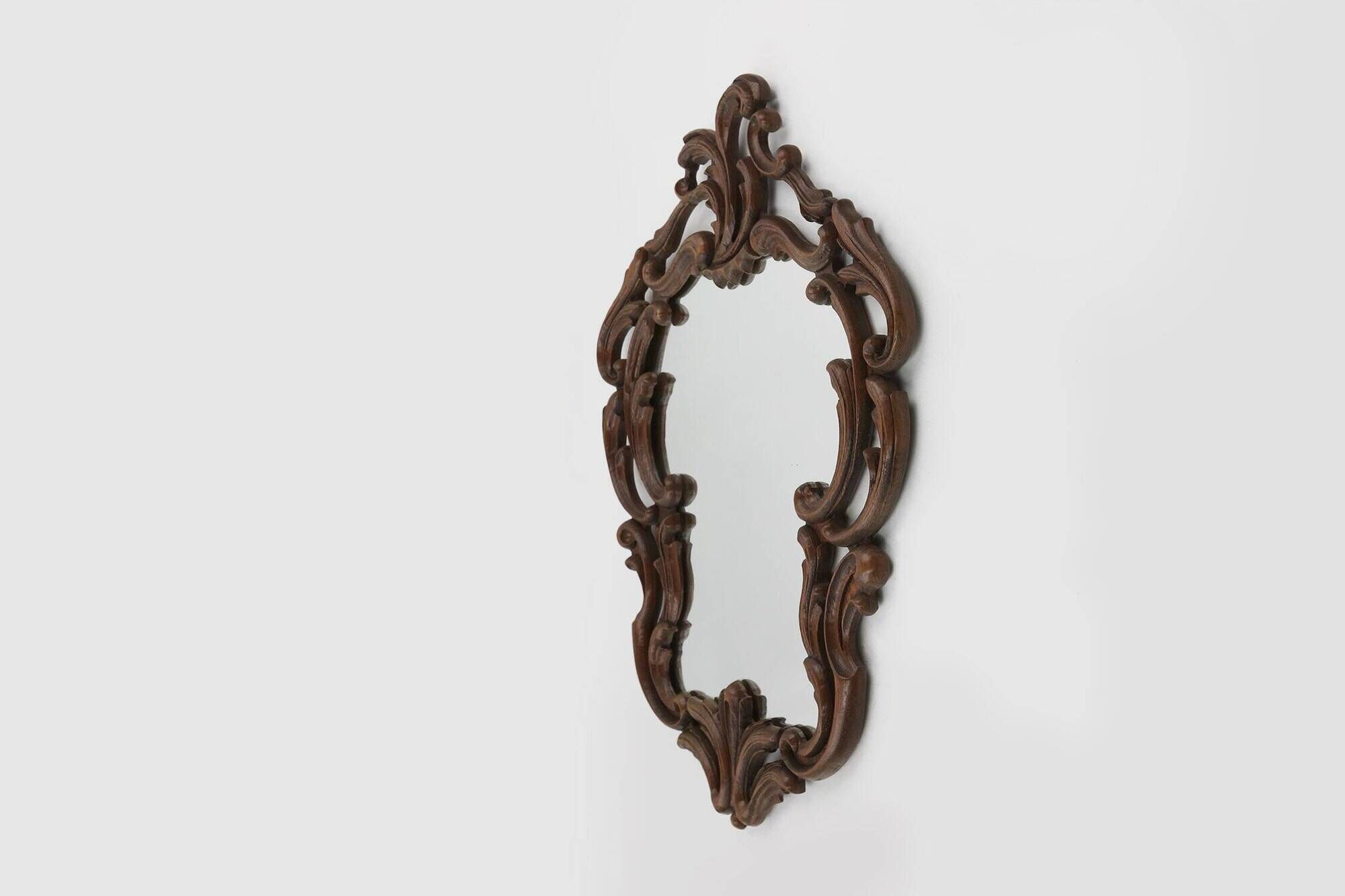 Baroque Mirror with Hand Carved Oak Ornated Frame, France 1950s