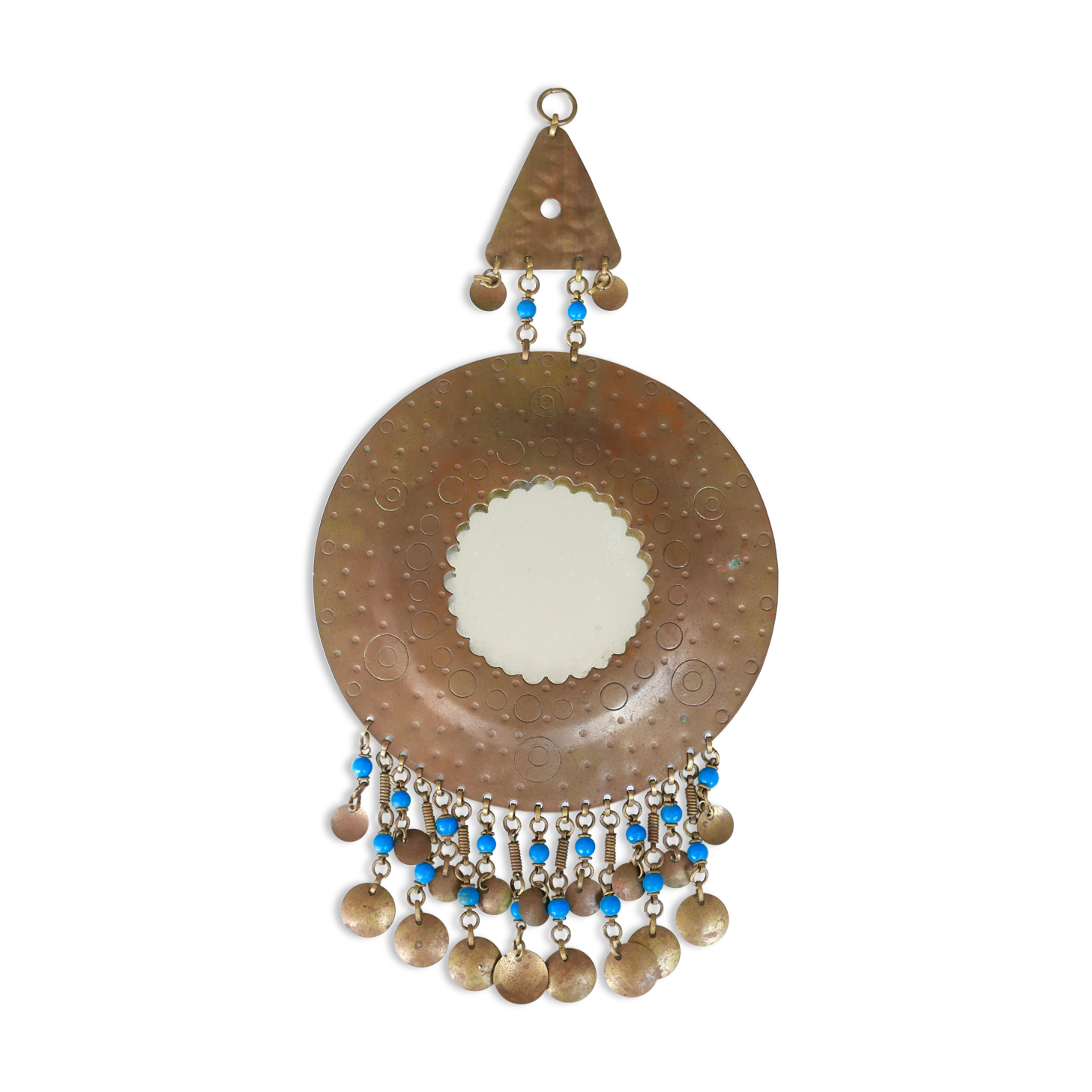 Round brass ethnic mirror decorated with pearls, 60s