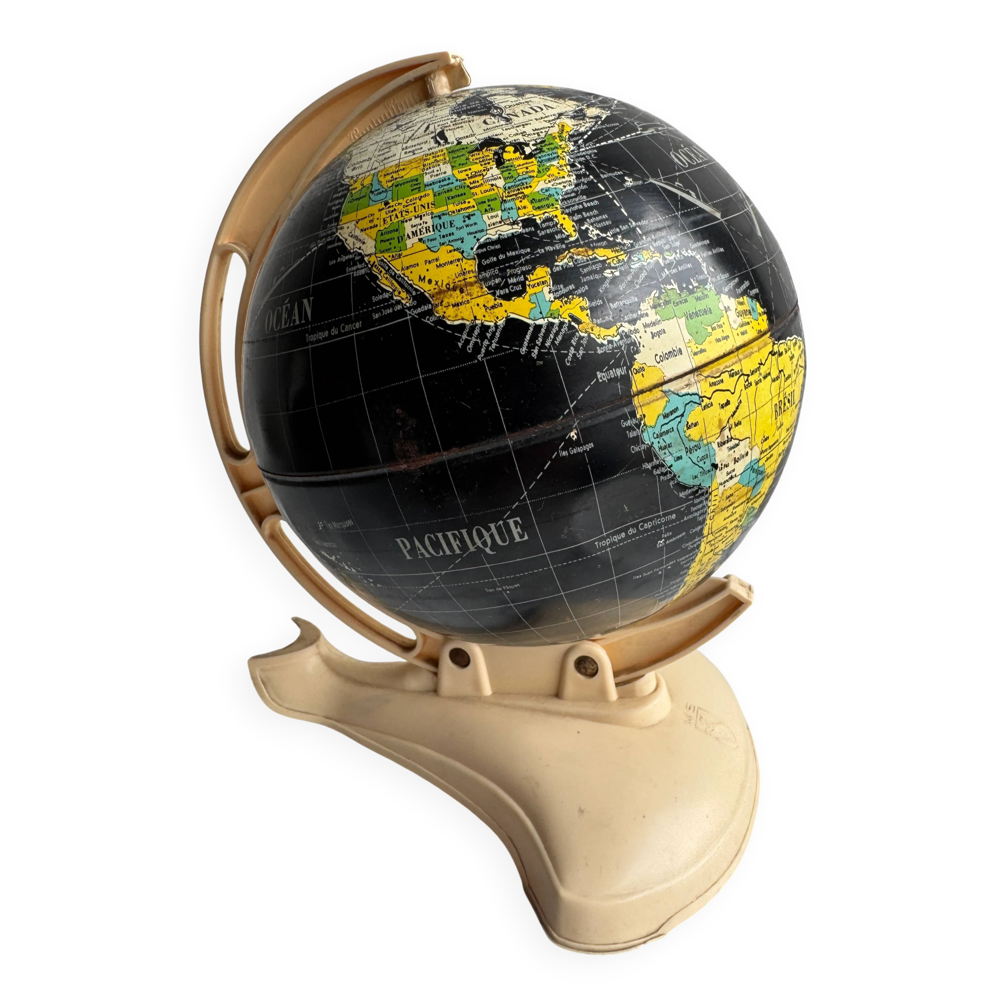 French mid-century school globe with black oceans on printed paper, cream plastic base