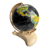French mid-century school globe with black oceans on printed paper, cream plastic base