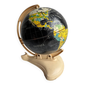 French mid-century school globe with black oceans on printed paper, cream plastic base