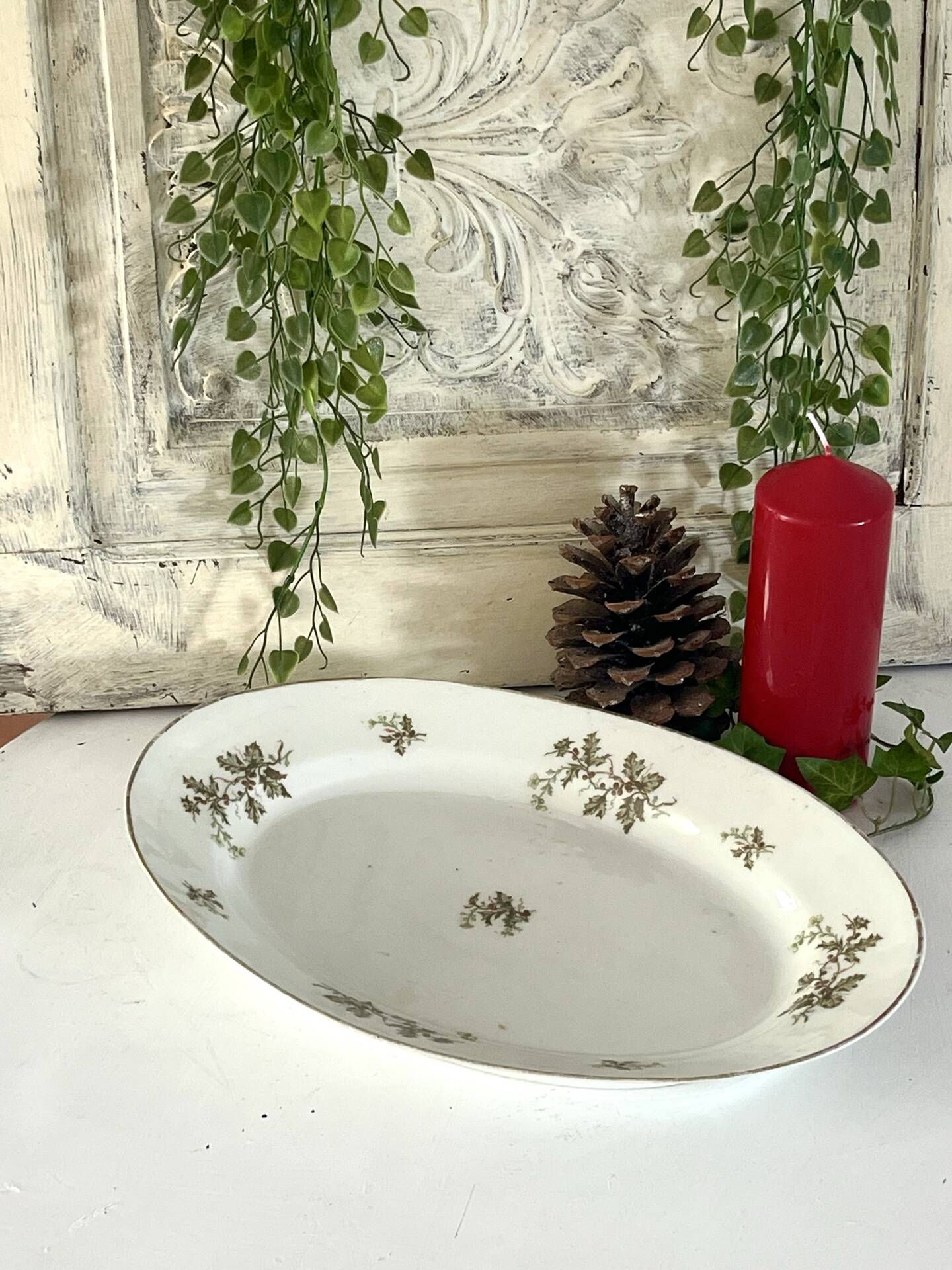 Vintage French Holly Deep Platter, Christmas Serving Dish, Large Oval