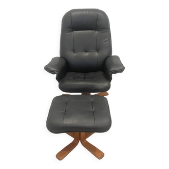 Fauteuil vintage cuir et son ottoman
