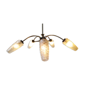Lustre vintage araignée moderniste 5 feux type Arlus mid-century années 50 laiton flûtes verre