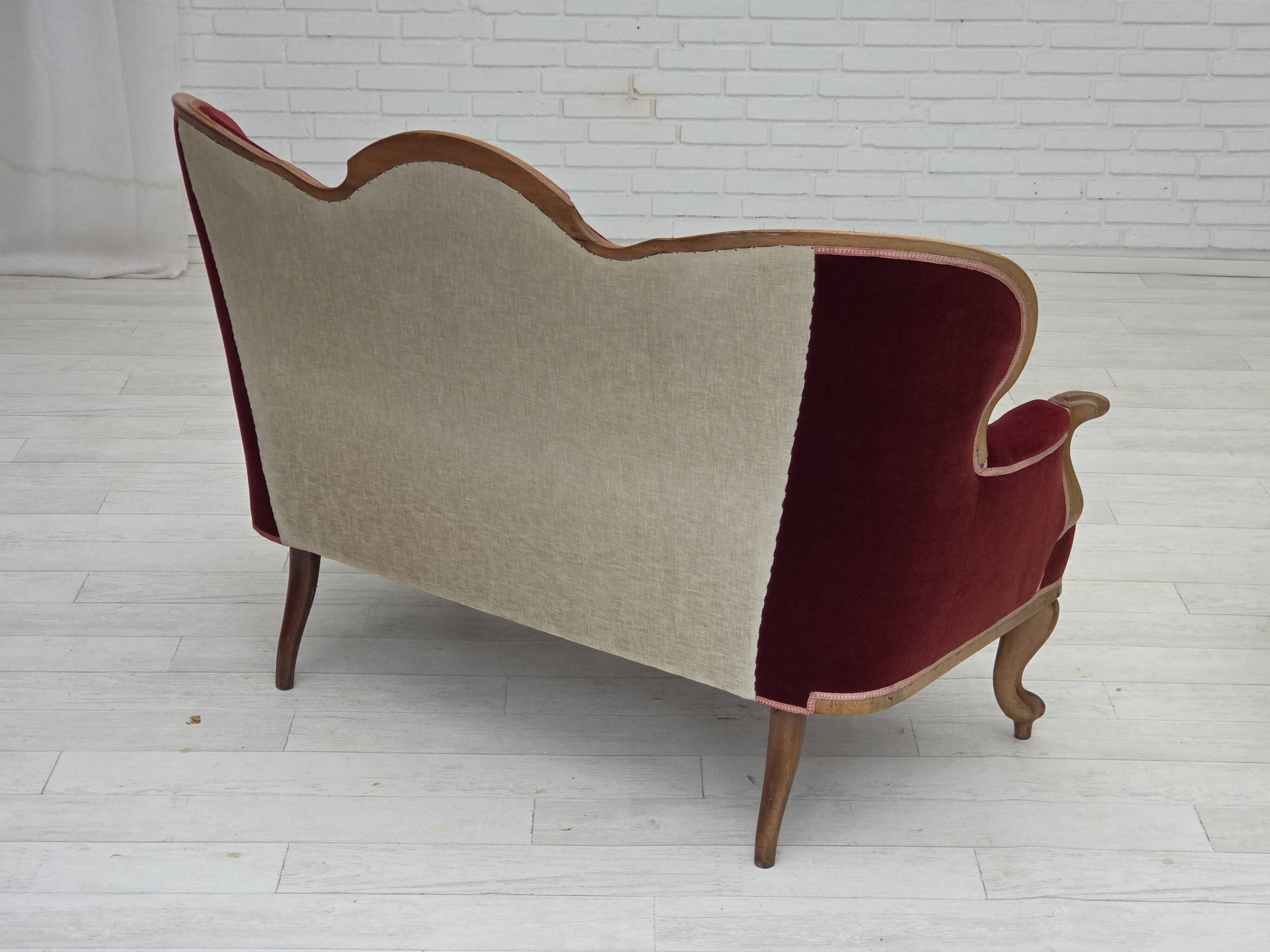 1930s, Danish 2-seater sofa, furniture velour, ash wood, reupholstered.